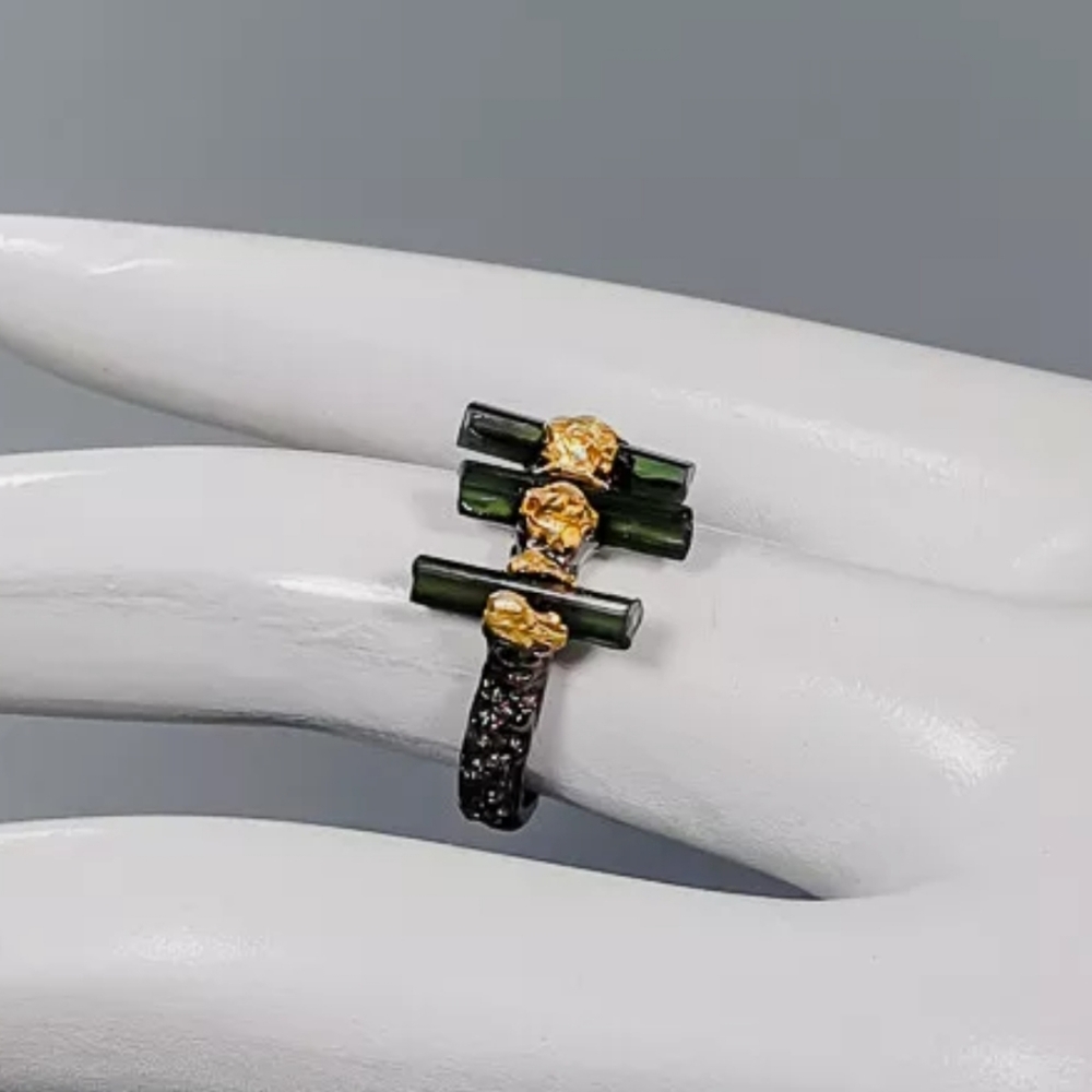 Triple green tourmaline & sterling & gold ring sz 7.5 - Picture 8 of 13
